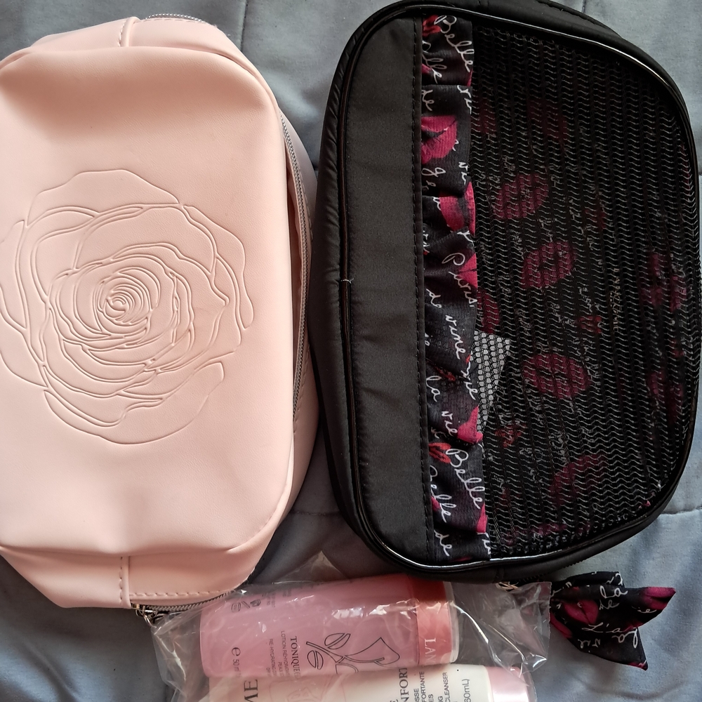 Pink and Black Women's Cosmetic Bag Set